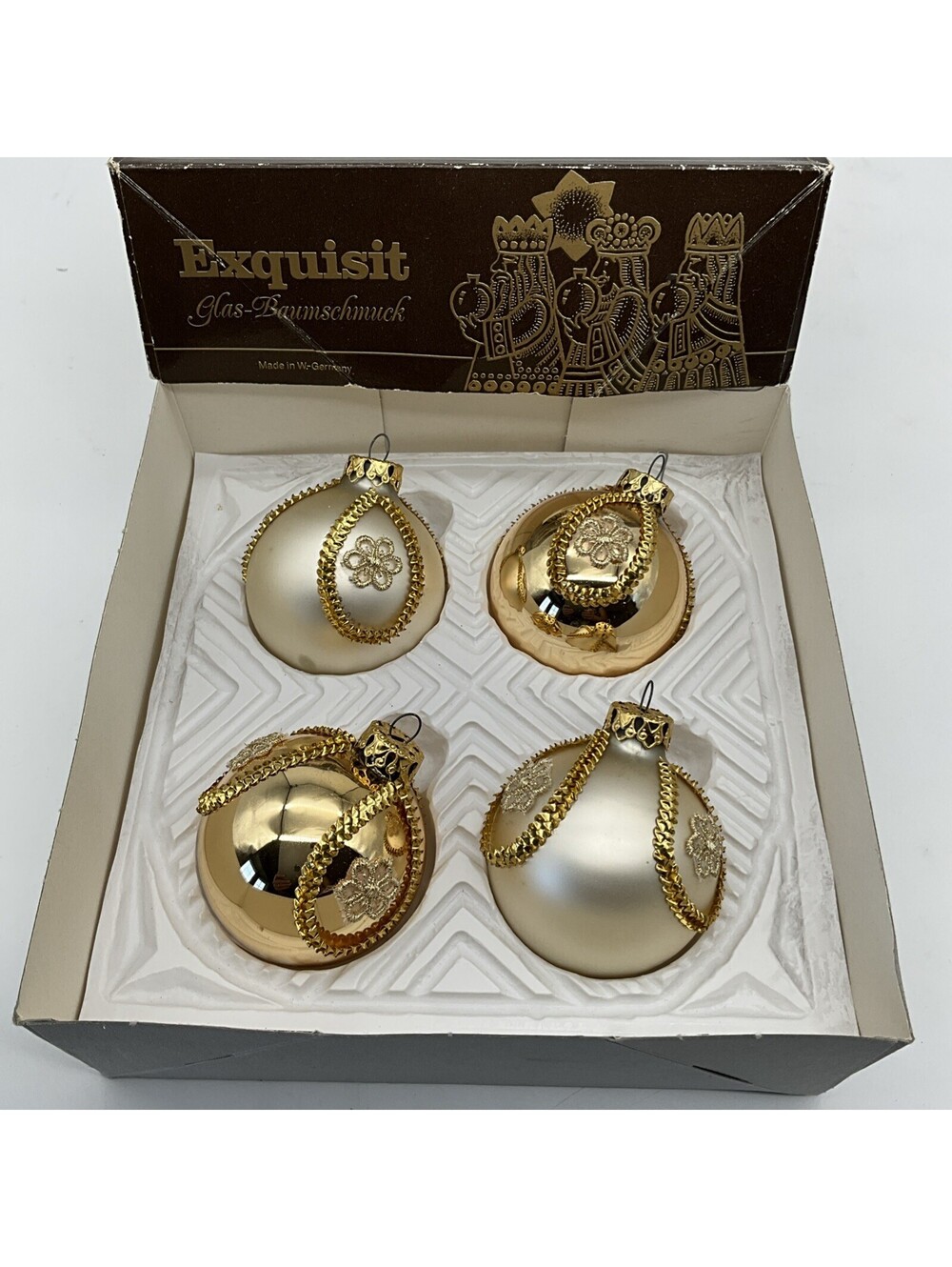 Vtg Exquisit W Germany Glass Christmas Ornaments Handarbeit Gold White Set of 4